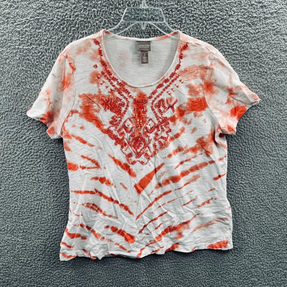 Chicos Womens Top 2 Large White Orange 100% Cotton Embellished Pullover Shirt